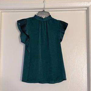 Deep Teal Pleated Mock Neck Flutter Sleeve Top | Express | XS